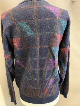 ANGELO LITRICO, Navy Blue, Purple, Teal Blue, Maroon Red, Brown, Wool, Acrylic, Grid , C N, L/S Pullover, Perspective Grid,