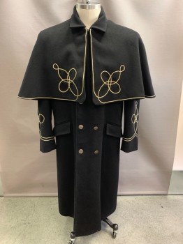 UNIFORMS TO YOU , Black, Wool, C.A., Hook & Eye At Neck, Double Breasted, Button Front, Detachable Caplet, Gold Metallic Trimming