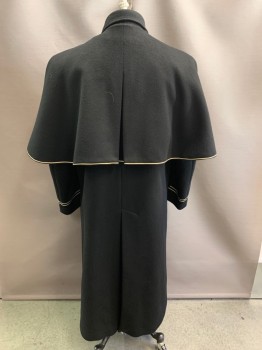 UNIFORMS TO YOU , Black, Wool, C.A., Hook & Eye At Neck, Double Breasted, Button Front, Detachable Caplet, Gold Metallic Trimming