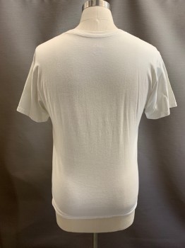 HANES BEEFY, White, Cotton, CN, S/S, "MTV" Printed On Front With City Image, Distressed