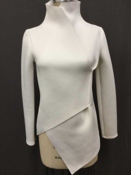 NICO DIDONNA, White, Synthetic, Neoprene, Solid, Long Sleeves, Surplice Crossover Front W/High Neckline, Asymmetric Pointed Bottom, Raw Edges, Stain Left Cuff: See Detail Photo