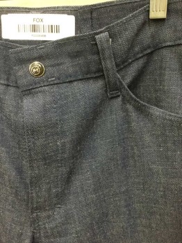 M, Denim Blue, Cotton, Polyester, Solid, Denim Slacks, Flat Front, Zip Fly, 4 Pockets, Flared Leg, Metal Snap Closure At Center Front Waist with "M" and Male Symbol,