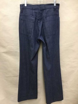 M, Denim Blue, Cotton, Polyester, Solid, Denim Slacks, Flat Front, Zip Fly, 4 Pockets, Flared Leg, Metal Snap Closure At Center Front Waist with "M" and Male Symbol,