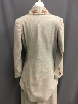 NO LABEL, Oatmeal Brown, Burnt Orange, Wool, Heathered, Floral, Long Sleeves, Embroidery On Shawl Collar, Sleeves and Buttons, 2 Buttons Closure, Hem High In Front, Lower Hem In Back,