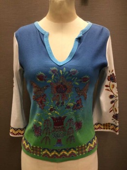 ITSUS INTERNATIONAL, Blue, Lt Blue, Red, Yellow, Green, Cotton, Ombre, Floral, V-neck, 3/4 Sleeve, Blue to Green Ombre Front with Multicolor Floral Pattern Print, White Sleeves with Floral Print,