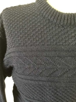BRITISH WOOL, Navy Blue, Wool, Long Sleeves, Crew Neck, Pullover, Moss Stitch, Purl Stripes,