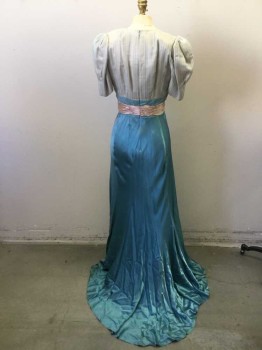 MTO, Aqua Blue, Peach Orange, Silk, Stripes, Solid, Bodice in Striped Chiffon of Aqua Over Cream Background. High Square Neckline. Short Puff Sleeves. Empire Line with Peach Satin Rushed Sash. Long Panelled Skirt of Dark Aqua Satin with Train. Some Holes on Sheer Fabric at Neckline Front