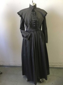 NL, Black, Khaki Brown, Wool, Synthetic, Stripes, Mid 1800's Heathered Stripe Wool Blend, Long Sleeves, 10 Black Covered Buttons Center Front Placet, Skirt Gathered to Waist.