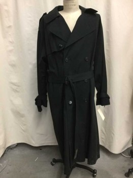 LONDON FOG, Black, Cotton, Synthetic, Solid, Black, Dbl Breasted, 6 Buttons, Notch Lapel, 2 Pockets, Belt