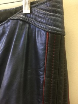 JOHN DAVID RIDGE, Midnight Blue, Metallic, Black, Red, Leather, Solid, Exposed Zipper at Center Front Waist, Black Panels with Red Piping at Sides, Ribbed Stitching in Various Directions, Slim Leg