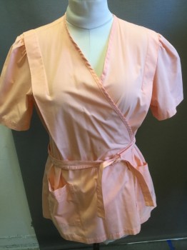 ANGELICA, Peach Orange, Cotton, Solid, Cross Over Wrap Top, V-neck, Short Sleeves, Knife Pleat Detail
