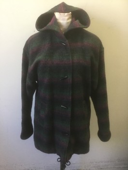 BRAETAN, Charcoal Gray, Magenta Pink, Dk Green, Wool, Nylon, Stripes - Shadow, Heavy Wool, 3 Oversized Black Toggle Buttons at Front, Drawstring Hem, Hooded, 2 Pockets, Burgundy Solid Lining, Above Knee Length,