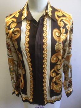 SURPRISE, Brown, Cream, Goldenrod Yellow, Butter Yellow, Silk, Novelty Pattern, Stripes - Vertical , Dark Brown and Cream Oversized Vertical Stripes, with Golden Yellow Goldleaf/Braid/Swirl Pattern,  with Tigers on Pedastals, and Shields with Assorted Letter Monograms ("S", "P", Etc), Satin, Long Sleeve Button Front, Collar Attached,