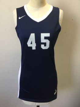 NIKE DRI FIT, Navy Blue, White, Polyester, Color Blocking, Navy with White V-neck, White Panels at Sides with Navy Stripes, Sleeveless, "45" at Front and Back