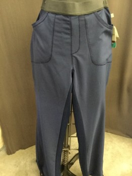CHEROKEE INFINITY, Navy Blue, Polyester, Spandex, Solid, Scrub Pants, Grey Elastic Waist Band, Slit Front Pockets, Ribbed Inset on Legs and Back Waist, Back Patch Pockets