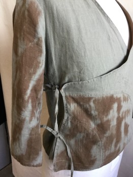 N/L (MTO), Sage Green, Brown, Linen, Polyester, Solid, Mottled, Color Block, Shinny Golden  Light Brown Lining, V-neck, Wrap Around with Ties, 3/4 Sleeves
