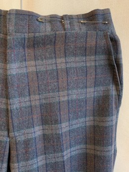 NORDSTROM BY CORBIN, Gray, Brown, Red, Navy Blue, Orange, Wool, Plaid, 5 Pockets, Zip Front, Flat Front,