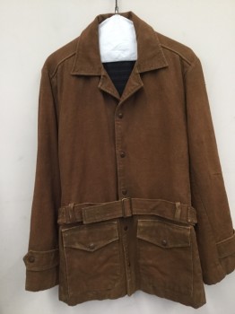 MTO, Brown, Cotton, Solid, Canvas, Notched Lapel with Collar, 5 Snap Closure, 2 Pockets with Flaps with Self Belt. Button Down Tabs at Cuffs. Aged Lightly, Yoke Back at Shoulders, Adjustable D. Rings at Waist