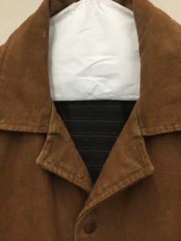 MTO, Brown, Cotton, Solid, Canvas, Notched Lapel with Collar, 5 Snap Closure, 2 Pockets with Flaps with Self Belt. Button Down Tabs at Cuffs. Aged Lightly, Yoke Back at Shoulders, Adjustable D. Rings at Waist