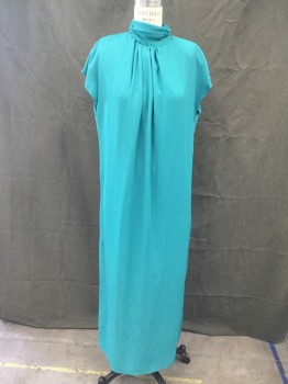 MISTER JAY, Teal Green, Polyester, Solid, Long Chiffon Dress, Cap Sleeve, Gathered Mock Turtleneck, Gathered at Center Front Neck, Zip Back, Snaps on Shoulder Attach to Jacket