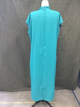 MISTER JAY, Teal Green, Polyester, Solid, Long Chiffon Dress, Cap Sleeve, Gathered Mock Turtleneck, Gathered at Center Front Neck, Zip Back, Snaps on Shoulder Attach to Jacket