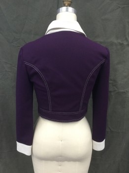 JONATHAN LOGAN, Purple, White, Polyester, Color Blocking, Purple Waffle Knit Short Jacket, Single Breasted, Silver Star Button Front, White Collar Attached, White Peaked Lapel, White Cuff, White Stitching
