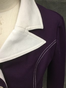 JONATHAN LOGAN, Purple, White, Polyester, Color Blocking, Purple Waffle Knit Short Jacket, Single Breasted, Silver Star Button Front, White Collar Attached, White Peaked Lapel, White Cuff, White Stitching