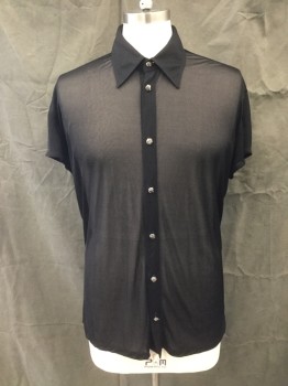 VERSACE, Black, Polyester, Solid, Sheer, Silver Button Front, Collar Attached, Short Sleeves