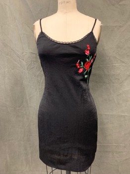 LOLA, Black, Synthetic, Solid, Textured Black with Red/Green/Pink Rose Floral Embroidery, Scoop Neck, Lace Trim, Spaghetti Straps, Back Zip, Slip Dress