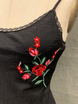LOLA, Black, Synthetic, Solid, Textured Black with Red/Green/Pink Rose Floral Embroidery, Scoop Neck, Lace Trim, Spaghetti Straps, Back Zip, Slip Dress