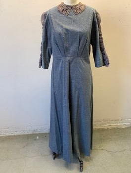 N/L MTO, Slate Blue, Gray, Cotton, Polyester, Spots , 3/4 Sleeves, Gray Floral Lace Collar, Pleats at Bust Eminating From Waist Seam, Ankle Length, Gray Ruched Chiffon Added at Sleeve Outseam, Button Closures in Back, Made To Order, Working Class