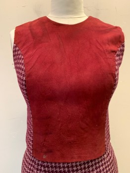 GREEN LEA, Red Burgundy, Beige, Wool, Tweed, Houndstooth, Top, Scoop Neck, Sleeveless, Solid Suede Center, Hounds-tooth Tweed Sides,  Zip Back *Small Dark Stains on Front,