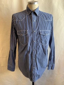 RU, Denim Blue, White, Cotton, Stripes, White Stripes and Medallion Stripes, Snap Front, Collar Attached, 2 Flap Snap Pockets, Western Yoke, Long Sleeves, Snap Cuff