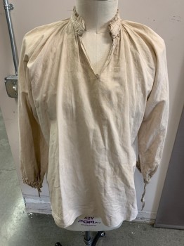 M.T.O, Beige, Cotton, Solid, 1700's, Aged/Distressed,  L/S, Self Ruffled Stand Collar, V-N, Drawstring Cuffs, Pullover