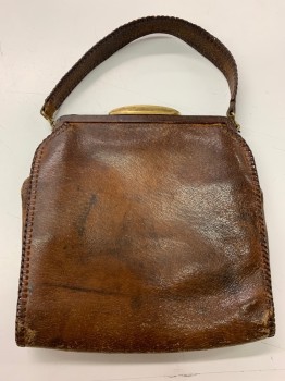 NL, Brown, Leather, Metallic/Metal, Solid, Plain Leather, Whip-stitched Sides, Matching Handel, One Small pocket Inside.