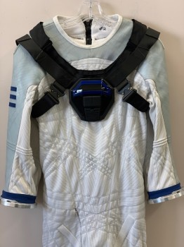 NO LABEL, White, Gray, Black, Dk Blue, Polyester, Metallic/Metal, Color Blocking, Jumpsuits, L/S, CN, Textured Fabric, Black Velcro Straps Cross Chest And Back, Round Metal  Links On Arms And Bottom Leg, Back Zip, Elbow Pads