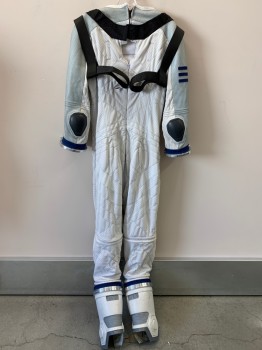 NO LABEL, White, Gray, Black, Dk Blue, Polyester, Metallic/Metal, Color Blocking, Jumpsuits, L/S, CN, Textured Fabric, Black Velcro Straps Cross Chest And Back, Round Metal  Links On Arms And Bottom Leg, Back Zip, Elbow Pads