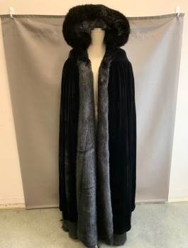 N/L MTO, Black, Cotton, Faux Fur, Solid, Velvet, with Reversible Faux Fur Lining/Opposite Side, Hooded, Open Front with Loops, **No Buttons, Floor Length, Gathered Yoke Around Shoulders, Made To Order ***Barcode Located Near Hem Under Velvet