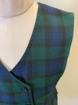 PRIVATE LINE, Navy Blue, Shamrock Green, Polyester, Rayon, Plaid, Side Zipper, 3 Buttons, V-neck, Inverted Box Pleats, Elastic Waist in Back