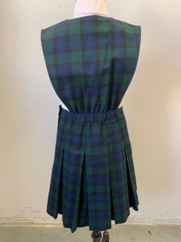 PRIVATE LINE, Navy Blue, Shamrock Green, Polyester, Rayon, Plaid, Side Zipper, 3 Buttons, V-neck, Inverted Box Pleats, Elastic Waist in Back