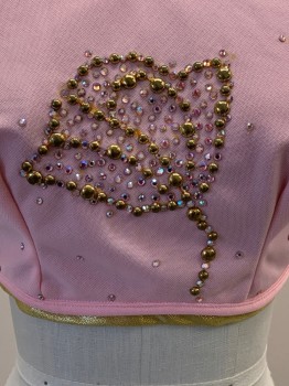 NO LABEL, Lt Pink, Gold, Polyester, Solid, Halter Top, Neck And Back Tie, Gold Trim, Gold And Pink Rhinestones And Studs, Flower Shaped, Made To Order,