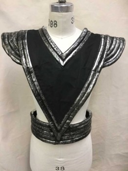 N/L, Silver, Black, Metallic, Faux Leather, Cotton, Color Blocking, V Shape Front Panel, W/Ribbed Silver Metallic Pleather Edges + Cap Sleeves, Black Center, V-neck, W/Attached Silver Metallic Pleather Ribbed Waistband W/Velcro Closures
