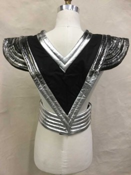 N/L, Silver, Black, Metallic, Faux Leather, Cotton, Color Blocking, V Shape Front Panel, W/Ribbed Silver Metallic Pleather Edges + Cap Sleeves, Black Center, V-neck, W/Attached Silver Metallic Pleather Ribbed Waistband W/Velcro Closures