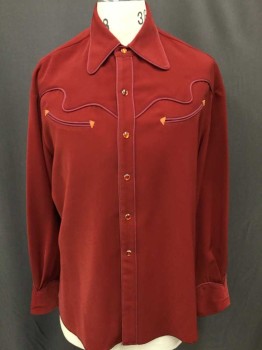 N/L, Tomato Red, Red Burgundy, Orange, Polyester, Leather, Solid, Long Sleeves, Collar Attached,  Burgundy Piping, Orange Leather Triangle Accents At Edges Of 2 Welt Pockets, Snap Front