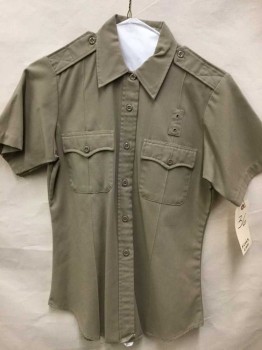 FLYING CROSS, Tan Brown, Polyester, Rayon, Solid, Button Front, Collar Attached, Short Sleeve,  Epaulets, 2 Batwing Flap Pockets, Creases, Badge Holder Patch