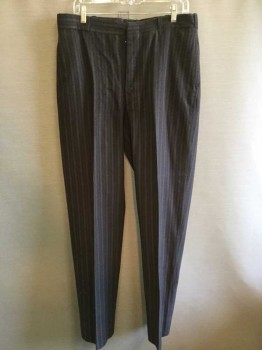 NO LABEL, Charcoal Gray, Gray, Red Burgundy, Wool, Stripes - Vertical , Button Fly, Slight Burgundy Stripe, Back Welt Pockets, Belt Loops, Interior Suspender Buttons, Repairs At Hem,