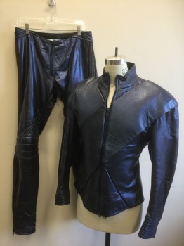 JOHN DAVID RIDGE, Midnight Blue, Metallic, Leather, Solid, Long Sleeves, Zip Front, Stand Collar, Diagonal Panels Criss Crossed Across Front, Ribbed Stitching on Collar and Cuffs, Chunky Shoulder Pads