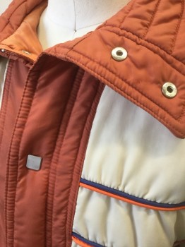 SNUGGLER, Rust Orange, Ecru, Orange, Navy Blue, Nylon, Color Blocking, Rust with Ecru Shoulders, Horizontal Double Piping Stripes in Navy and Orange, Quilted Puffy Jacket, Zip and Snap Front, 2 Pockets, Late 70's/Early 80's