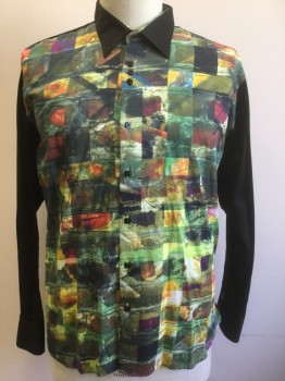 A27, Multi-color, Black, Cotton, Abstract , Abstract Marbled Multicolor Squares Print, Solid Black Collar Attached, Long Sleeves, and Back, Button Front with Black Square Unusually Spaced Buttons, Late 90's - Early 2000's