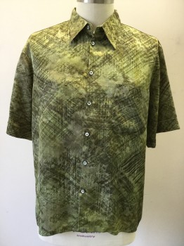 EAGLESONS, Green, Black, Dk Green, Polyester, Novelty Pattern, Criss Cross Scratch Pattern Over Multi Green, Button Front, Pointed Collar Attached, Short Sleeves, 1 Pocket